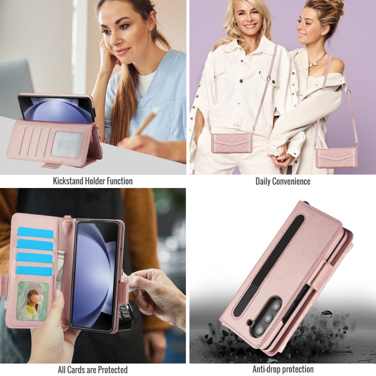 For Samsung Galaxy Z Fold5 Splicing Rhombic Texture Card Holder Phone Case with Lanyard, Not Included Pen(Rose Gold) For Samsung Galaxy Z Fold5 Splicing Rhombic Texture Card Holder Phone Case with Lanyard, Not Included Pen(Rose Gold)