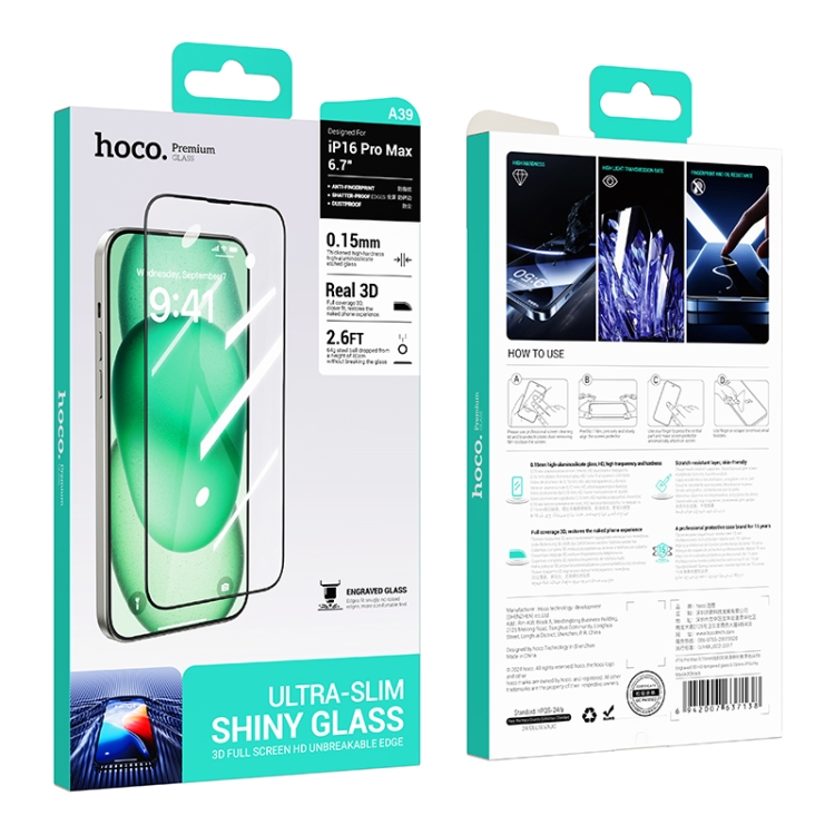 For iPhone 16 Pro Max hoco A39 0.15mm Etched 3D HD Tempered Film For iPhone 16 Pro Max hoco A39 0.15mm Etched 3D HD Tempered Film