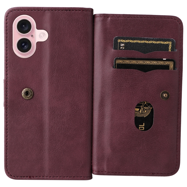 For iPhone 16 Multi-Function Wallet 10 Card Slots Leather Phone Case(Claret) For iPhone 16 Multi-Function Wallet 10 Card Slots Leather Phone Case(Claret)