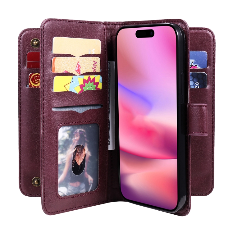 For iPhone 16 Multi-Function Wallet 10 Card Slots Leather Phone Case(Claret) For iPhone 16 Multi-Function Wallet 10 Card Slots Leather Phone Case(Claret)