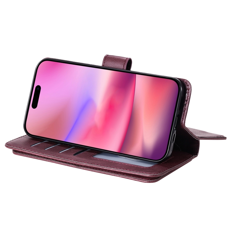For iPhone 16 Multi-Function Wallet 10 Card Slots Leather Phone Case(Claret) For iPhone 16 Multi-Function Wallet 10 Card Slots Leather Phone Case(Claret)