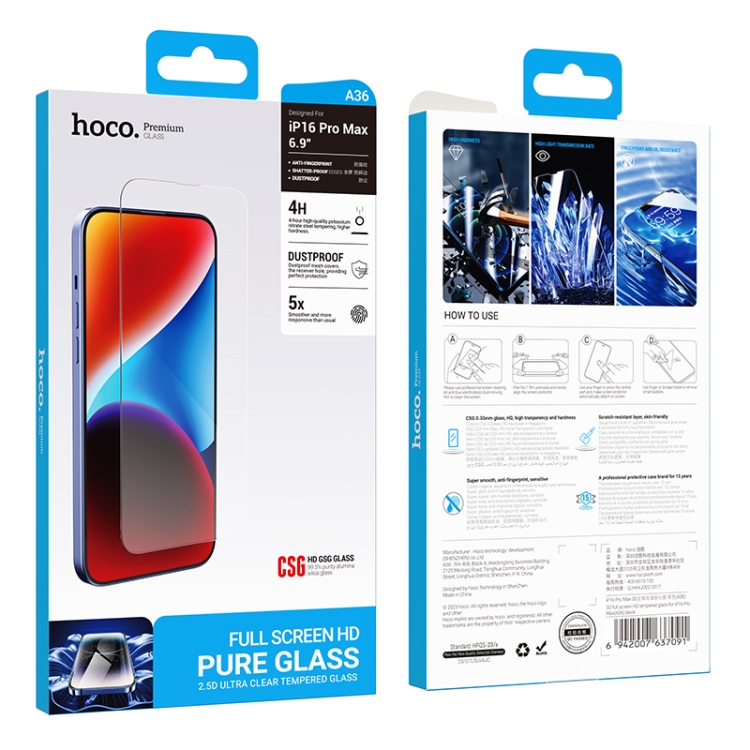 For iPhone 16 Pro Max hoco A36 3D Full Screen HD Tempered Film For iPhone 16 Pro Max hoco A36 3D Full Screen HD Tempered Film