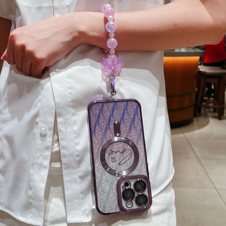 For iPhone 15 Plus Dual-Love Leaves Gradient Glitter Bracelets Magsafe TPU Phone Case(Purple)