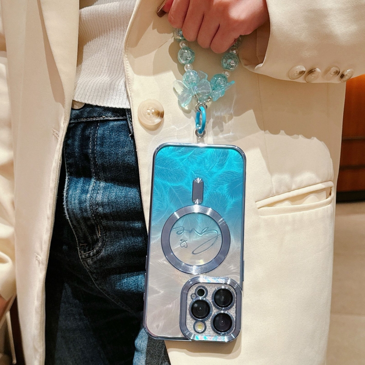 For iPhone 15 Pro Dual-Love Feather Gradient Glitter Bracelets Magsafe TPU Phone Case(Blue) For iPhone 15 Pro Dual-Love Feather Gradient Glitter Bracelets Magsafe TPU Phone Case(Blue)