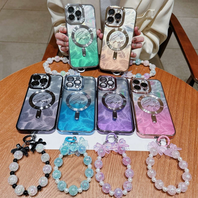 For iPhone 15 Pro Dual-Love Feather Gradient Glitter Bracelets Magsafe TPU Phone Case(Blue) For iPhone 15 Pro Dual-Love Feather Gradient Glitter Bracelets Magsafe TPU Phone Case(Blue)