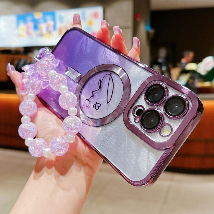 For iPhone 15 Pro Dual-Love Feather Gradient Glitter Bracelets Magsafe TPU Phone Case(Blue) For iPhone 15 Pro Dual-Love Feather Gradient Glitter Bracelets Magsafe TPU Phone Case(Blue)