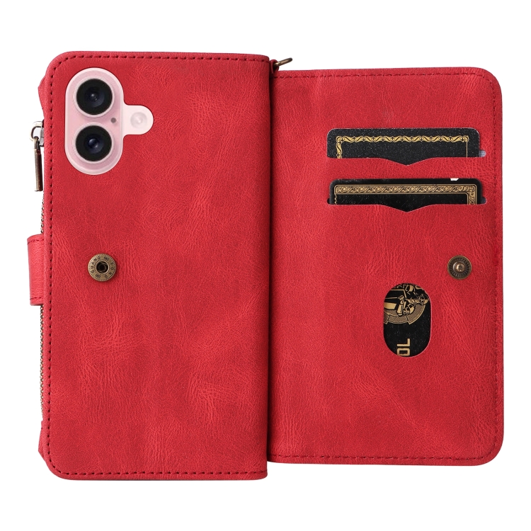 For iPhone 16 Skin Feel Multi Card Slots Zipper Wallet Leather Phone Case(Red) For iPhone 16 Skin Feel Multi Card Slots Zipper Wallet Leather Phone Case(Red)