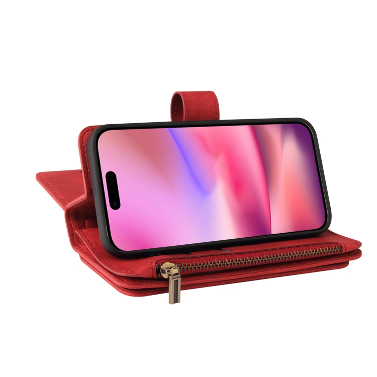 For iPhone 16 Skin Feel Multi Card Slots Zipper Wallet Leather Phone Case(Red) For iPhone 16 Skin Feel Multi Card Slots Zipper Wallet Leather Phone Case(Red)