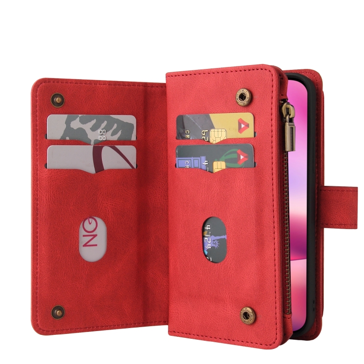 For iPhone 16 Skin Feel Multi Card Slots Zipper Wallet Leather Phone Case(Red) For iPhone 16 Skin Feel Multi Card Slots Zipper Wallet Leather Phone Case(Red)