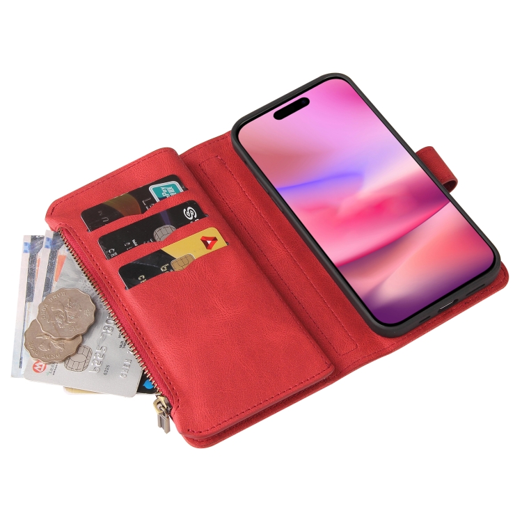 For iPhone 16 Skin Feel Multi Card Slots Zipper Wallet Leather Phone Case(Red) For iPhone 16 Skin Feel Multi Card Slots Zipper Wallet Leather Phone Case(Red)