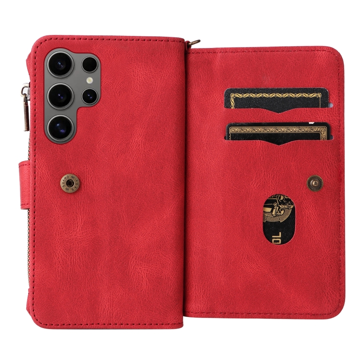 For Samsung Galaxy S25 Ultra 5G Skin Feel Multi Card Slots Zipper Wallet Leather Phone Case(Red) For Samsung Galaxy S25 Ultra 5G Skin Feel Multi Card Slots Zipper Wallet Leather Phone Case(Red)