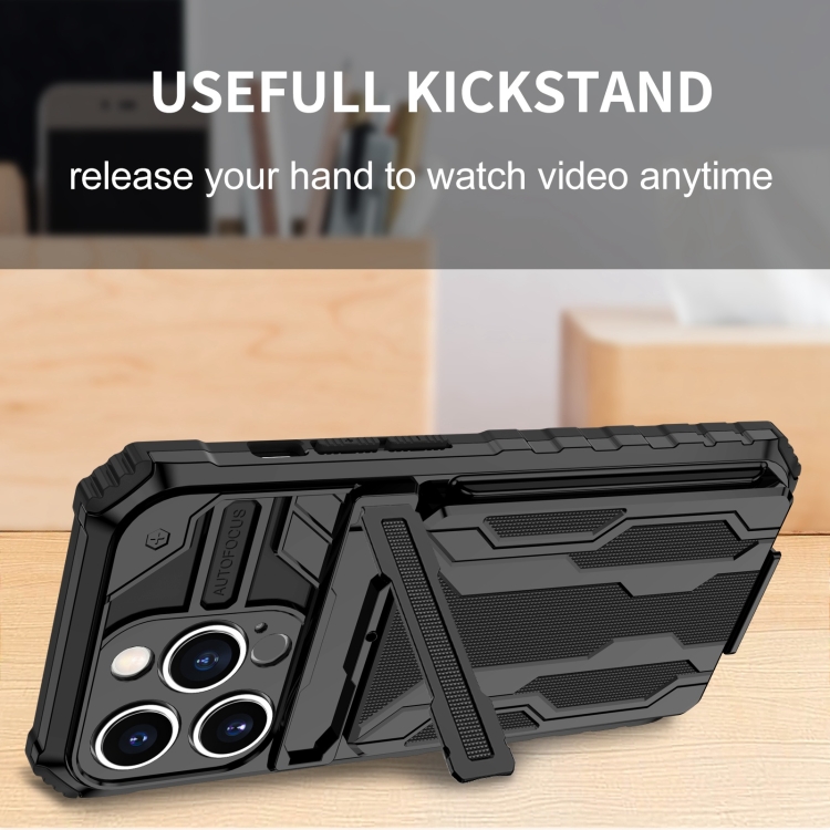 For iPhone 15 Pro Kickstand Armor Card Wallet Phone Case(Black) For iPhone 15 Pro Kickstand Armor Card Wallet Phone Case(Black)