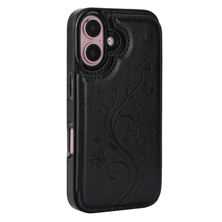 For iPhone 16 Plus Double Buckle Butterfly Embossing PU Phone Case(Black) For iPhone 16 Plus Double Buckle Butterfly Embossing PU Phone Case(Black)