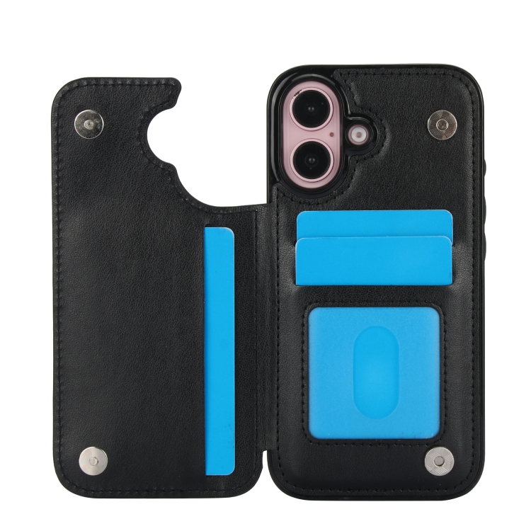 For iPhone 16 Plus Double Buckle Butterfly Embossing PU Phone Case(Black) For iPhone 16 Plus Double Buckle Butterfly Embossing PU Phone Case(Black)