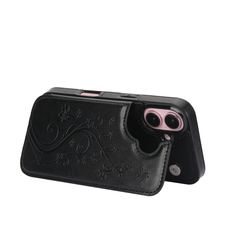 For iPhone 16 Plus Double Buckle Butterfly Embossing PU Phone Case(Black) For iPhone 16 Plus Double Buckle Butterfly Embossing PU Phone Case(Black)
