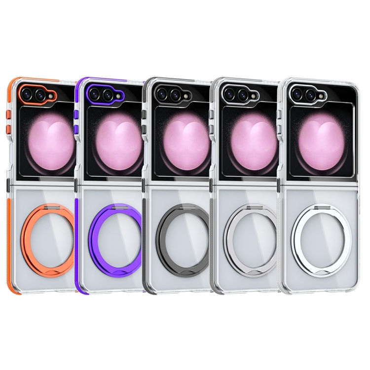 For Samsung Galaxy Z Flip5 Dual-Color Clear Acrylic Hybrid TPU 360 Rotating Holder Phone Case(Grey) For Samsung Galaxy Z Flip5 Dual-Color Clear Acrylic Hybrid TPU 360 Rotating Holder Phone Case(Grey)