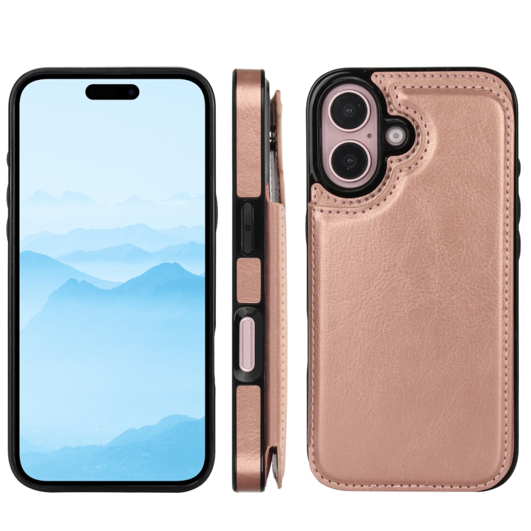 For iPhone 16 Plus Double Buckle Crazy Horse Texture PU Phone Case(Rose Gold) For iPhone 16 Plus Double Buckle Crazy Horse Texture PU Phone Case(Rose Gold)