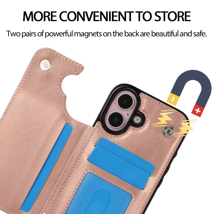 For iPhone 16 Plus Double Buckle Crazy Horse Texture PU Phone Case(Rose Gold) For iPhone 16 Plus Double Buckle Crazy Horse Texture PU Phone Case(Rose Gold)