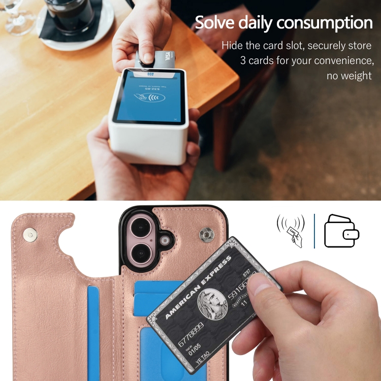 For iPhone 16 Plus Double Buckle Crazy Horse Texture PU Phone Case(Rose Gold) For iPhone 16 Plus Double Buckle Crazy Horse Texture PU Phone Case(Rose Gold)