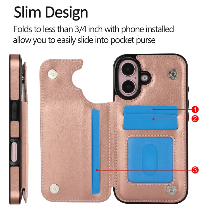For iPhone 16 Plus Double Buckle Crazy Horse Texture PU Phone Case(Rose Gold) For iPhone 16 Plus Double Buckle Crazy Horse Texture PU Phone Case(Rose Gold)