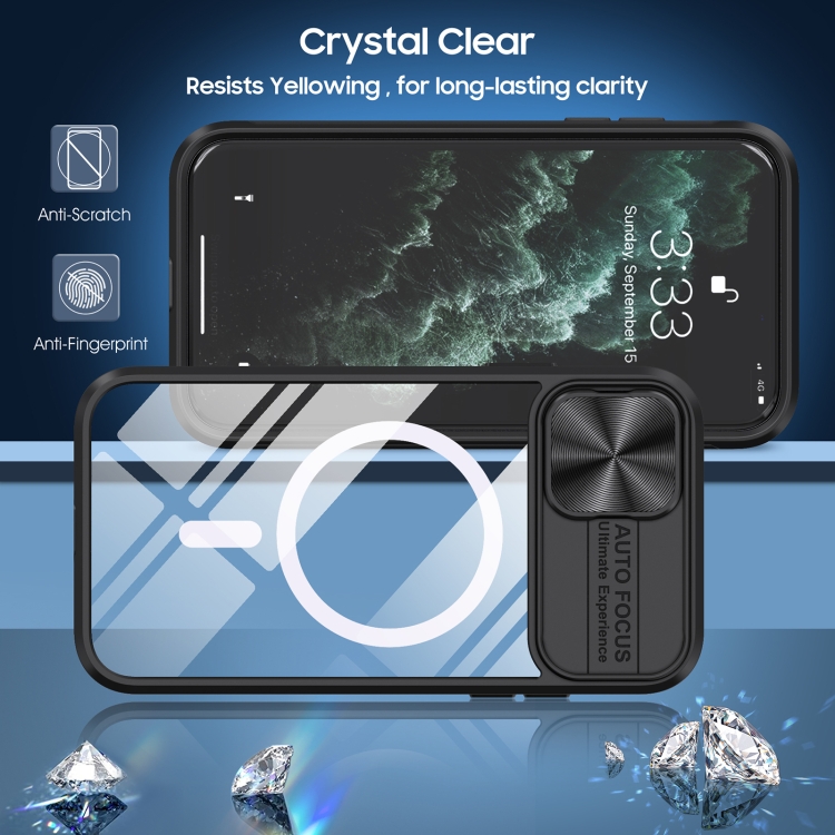 For iPhone 11 Clear Acrylic + PC + TPU MagSafe Lens Sliding Cover Full Coverage Phone Case(Black) For iPhone 11 Clear Acrylic + PC + TPU MagSafe Lens Sliding Cover Full Coverage Phone Case(Black)
