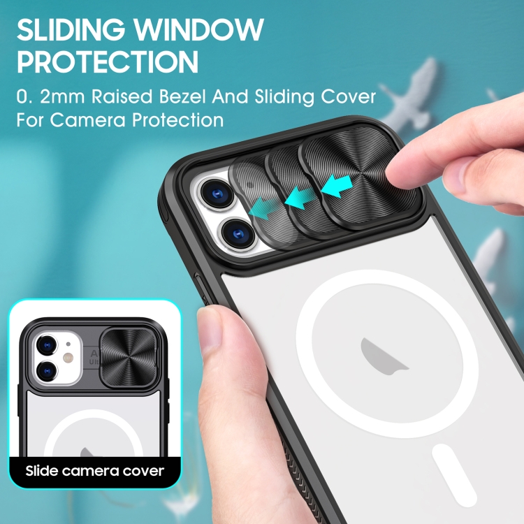 For iPhone 11 Clear Acrylic + PC + TPU MagSafe Lens Sliding Cover Full Coverage Phone Case(Black) For iPhone 11 Clear Acrylic + PC + TPU MagSafe Lens Sliding Cover Full Coverage Phone Case(Black)