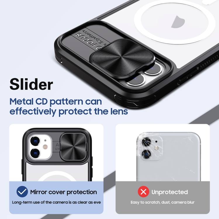 For iPhone 11 Clear Acrylic + PC + TPU MagSafe Lens Sliding Cover Full Coverage Phone Case(Black) For iPhone 11 Clear Acrylic + PC + TPU MagSafe Lens Sliding Cover Full Coverage Phone Case(Black)