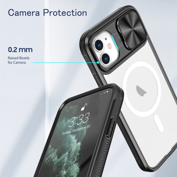 For iPhone 11 Clear Acrylic + PC + TPU MagSafe Lens Sliding Cover Full Coverage Phone Case(Black) For iPhone 11 Clear Acrylic + PC + TPU MagSafe Lens Sliding Cover Full Coverage Phone Case(Black)