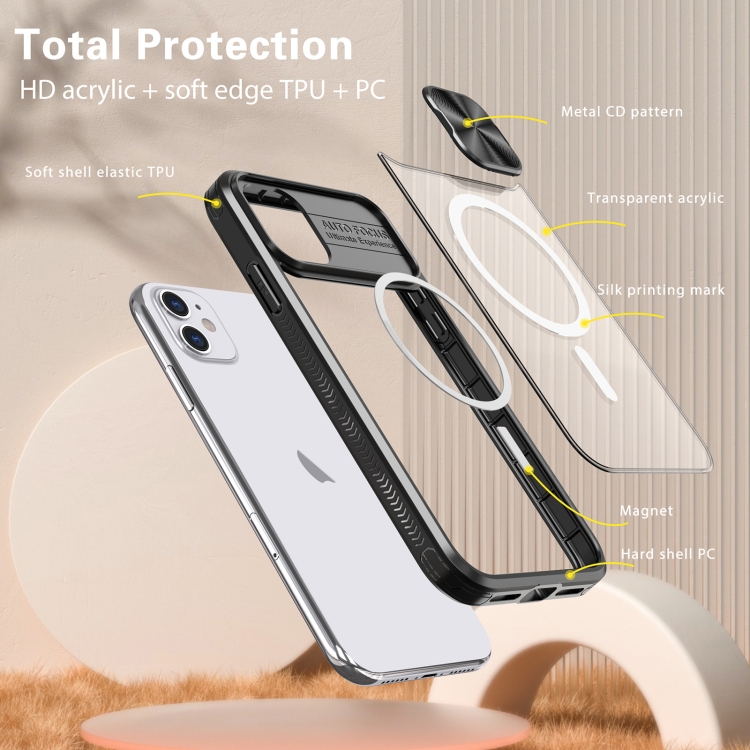 For iPhone 11 Clear Acrylic + PC + TPU MagSafe Lens Sliding Cover Full Coverage Phone Case(Black) For iPhone 11 Clear Acrylic + PC + TPU MagSafe Lens Sliding Cover Full Coverage Phone Case(Black)