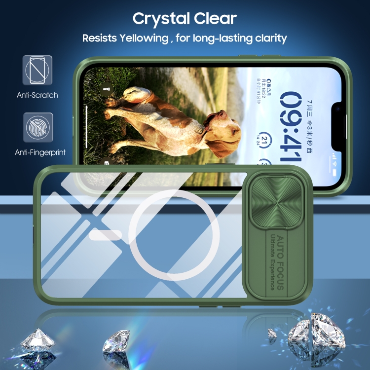 For iPhone 14 / 13 Clear Acrylic + PC + TPU MagSafe Lens Sliding Cover Full Coverage Phone Case(Olive Green) - 1