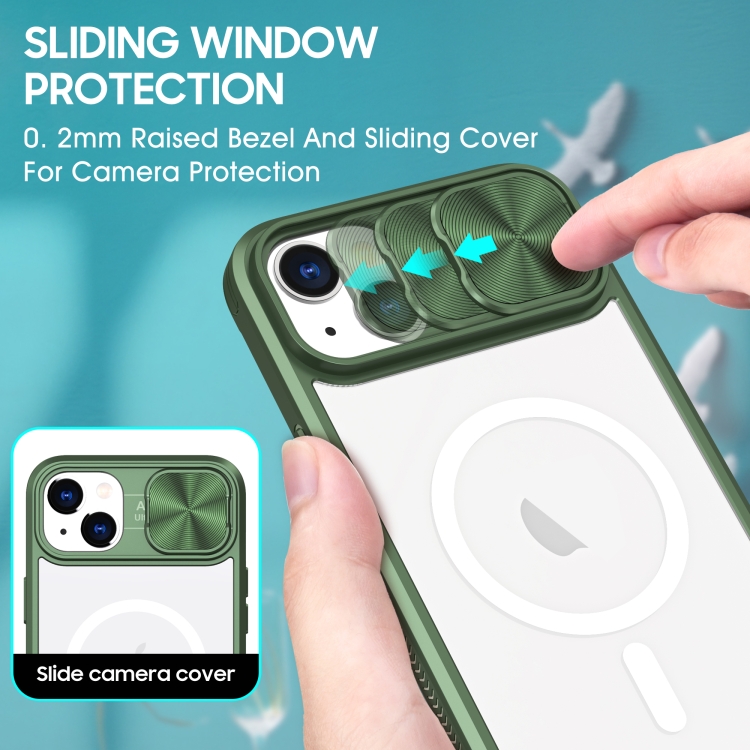 For iPhone 14 / 13 Clear Acrylic + PC + TPU MagSafe Lens Sliding Cover Full Coverage Phone Case(Olive Green) - 2