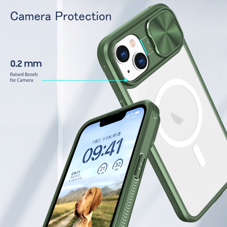 For iPhone 14 / 13 Clear Acrylic + PC + TPU MagSafe Lens Sliding Cover Full Coverage Phone Case(Olive Green) - 4