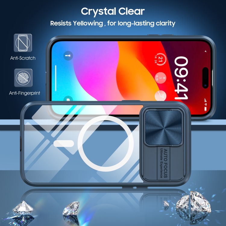 For iPhone 14 Pro Max Clear Acrylic + PC + TPU MagSafe Lens Sliding Cover Full Coverage Phone Case(Navy Blue) For iPhone 14 Pro Max Clear Acrylic + PC + TPU MagSafe Lens Sliding Cover Full Coverage Phone Case(Navy Blue)