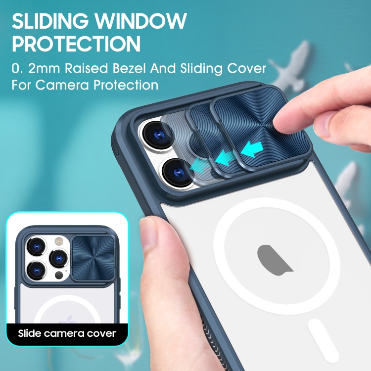 For iPhone 14 Pro Max Clear Acrylic + PC + TPU MagSafe Lens Sliding Cover Full Coverage Phone Case(Navy Blue) For iPhone 14 Pro Max Clear Acrylic + PC + TPU MagSafe Lens Sliding Cover Full Coverage Phone Case(Navy Blue)