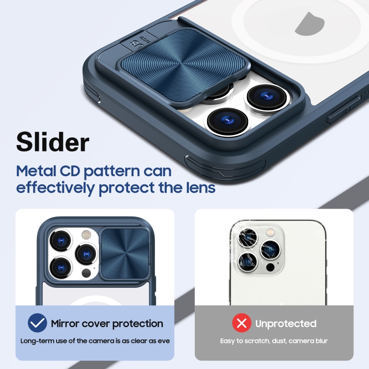 For iPhone 14 Pro Max Clear Acrylic + PC + TPU MagSafe Lens Sliding Cover Full Coverage Phone Case(Navy Blue) For iPhone 14 Pro Max Clear Acrylic + PC + TPU MagSafe Lens Sliding Cover Full Coverage Phone Case(Navy Blue)
