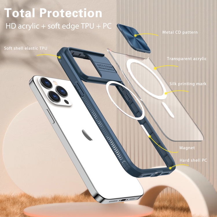 For iPhone 14 Pro Max Clear Acrylic + PC + TPU MagSafe Lens Sliding Cover Full Coverage Phone Case(Navy Blue) For iPhone 14 Pro Max Clear Acrylic + PC + TPU MagSafe Lens Sliding Cover Full Coverage Phone Case(Navy Blue)