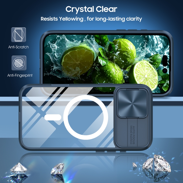 For iPhone 16 Clear Acrylic + PC + TPU MagSafe Lens Sliding Cover Full Coverage Phone Case(Navy Blue) For iPhone 16 Clear Acrylic + PC + TPU MagSafe Lens Sliding Cover Full Coverage Phone Case(Navy Blue)