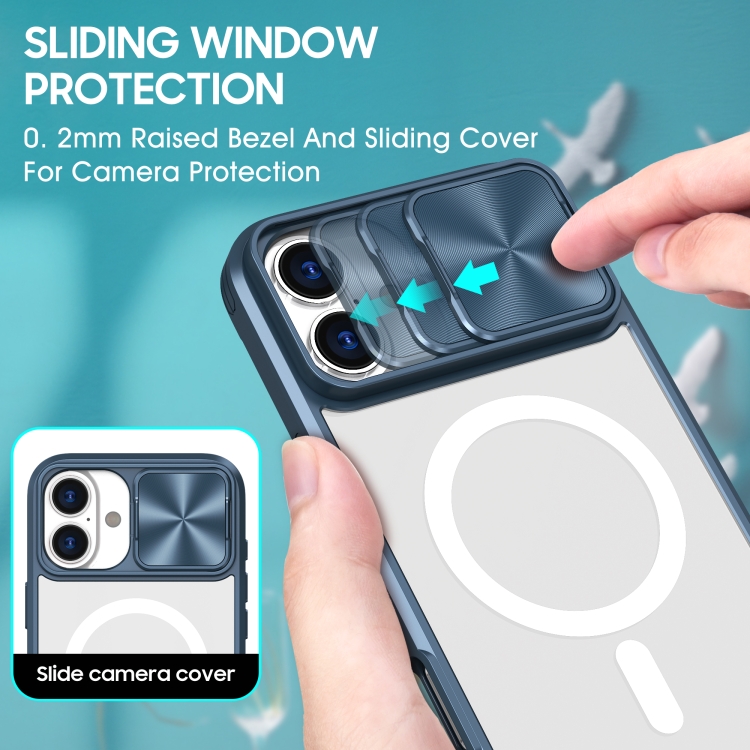 For iPhone 16 Clear Acrylic + PC + TPU MagSafe Lens Sliding Cover Full Coverage Phone Case(Navy Blue) For iPhone 16 Clear Acrylic + PC + TPU MagSafe Lens Sliding Cover Full Coverage Phone Case(Navy Blue)