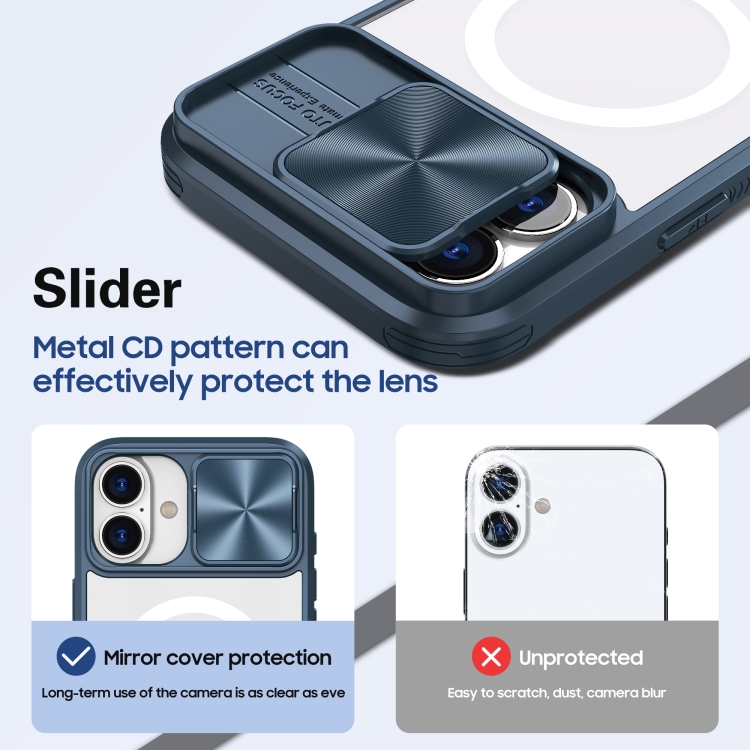 For iPhone 16 Clear Acrylic + PC + TPU MagSafe Lens Sliding Cover Full Coverage Phone Case(Navy Blue) For iPhone 16 Clear Acrylic + PC + TPU MagSafe Lens Sliding Cover Full Coverage Phone Case(Navy Blue)