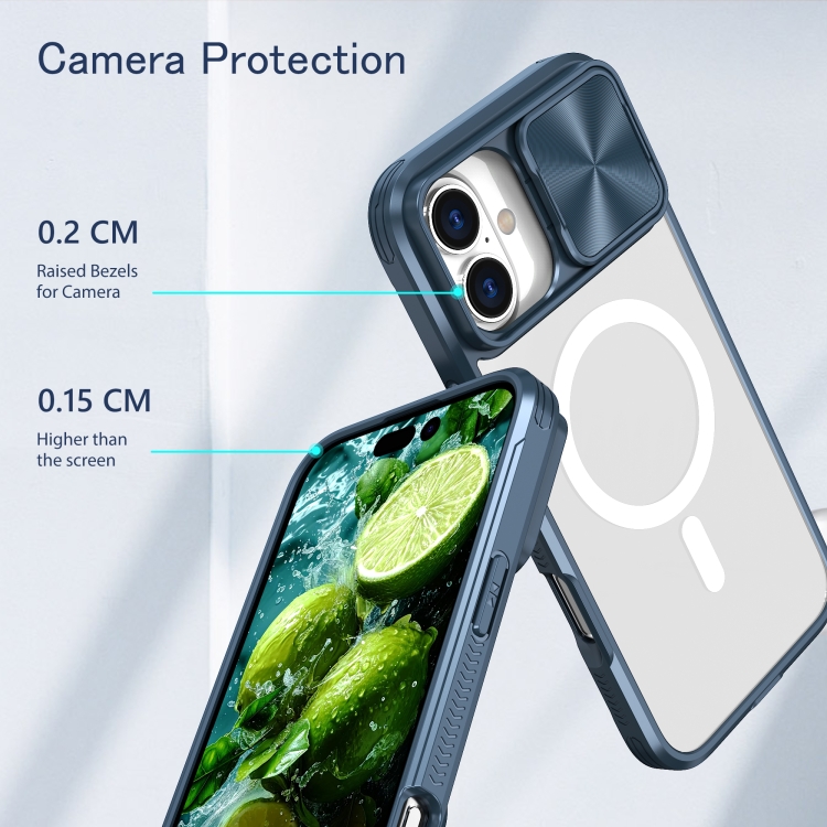 For iPhone 16 Clear Acrylic + PC + TPU MagSafe Lens Sliding Cover Full Coverage Phone Case(Navy Blue) For iPhone 16 Clear Acrylic + PC + TPU MagSafe Lens Sliding Cover Full Coverage Phone Case(Navy Blue)