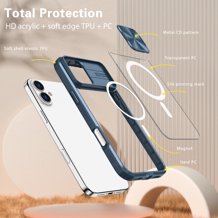 For iPhone 16 Clear Acrylic + PC + TPU MagSafe Lens Sliding Cover Full Coverage Phone Case(Navy Blue) For iPhone 16 Clear Acrylic + PC + TPU MagSafe Lens Sliding Cover Full Coverage Phone Case(Navy Blue)