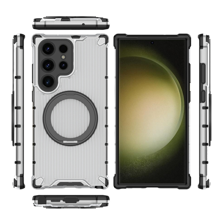 For Samsung Galaxy S23 Ultra 5G Grating 360 Degree Rotating Holder Shockproof Phone Case(Transparent) For Samsung Galaxy S23 Ultra 5G Grating 360 Degree Rotating Holder Shockproof Phone Case(Transparent)