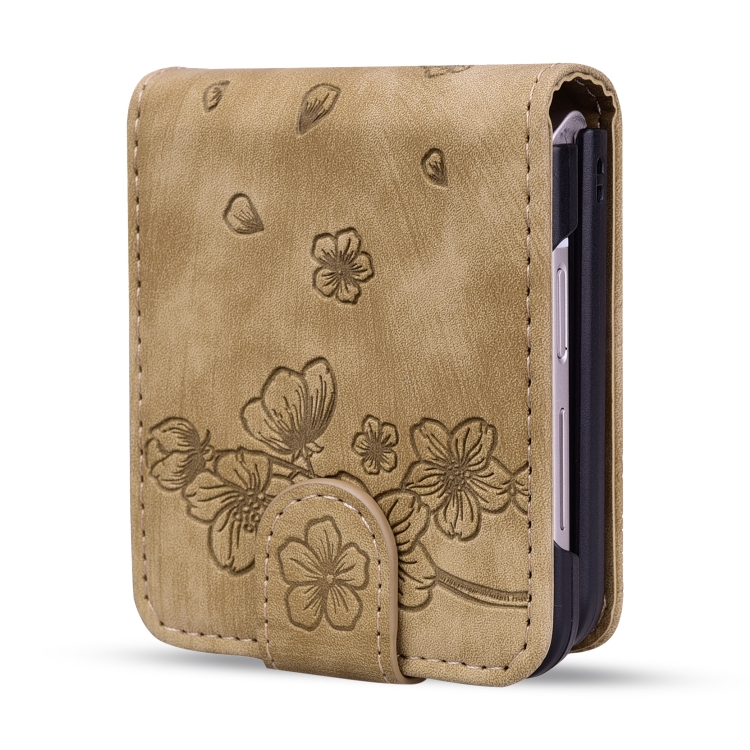 For Samsung Galaxy Z Flip6 Cartoon Sakura Cat Embossed Leather Phone Case(Brown) For Samsung Galaxy Z Flip6 Cartoon Sakura Cat Embossed Leather Phone Case(Brown)