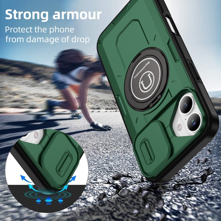 For iPhone 16 Sliding Camshield TPU Hybrid PC Magnetic Holder Phone Case(Dark Green) For iPhone 16 Sliding Camshield TPU Hybrid PC Magnetic Holder Phone Case(Dark Green)