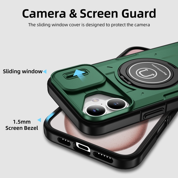 For iPhone 16 Sliding Camshield TPU Hybrid PC Magnetic Holder Phone Case(Dark Green) For iPhone 16 Sliding Camshield TPU Hybrid PC Magnetic Holder Phone Case(Dark Green)
