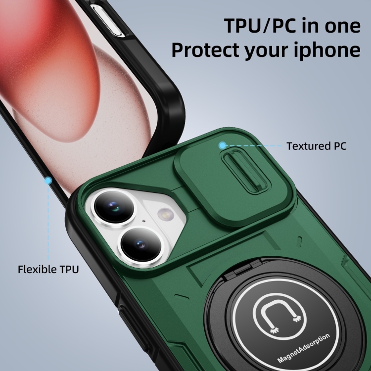 For iPhone 16 Sliding Camshield TPU Hybrid PC Magnetic Holder Phone Case(Dark Green) For iPhone 16 Sliding Camshield TPU Hybrid PC Magnetic Holder Phone Case(Dark Green)