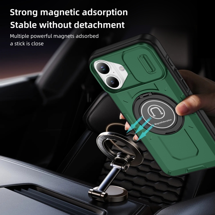 For iPhone 16 Sliding Camshield TPU Hybrid PC Magnetic Holder Phone Case(Dark Green) For iPhone 16 Sliding Camshield TPU Hybrid PC Magnetic Holder Phone Case(Dark Green)