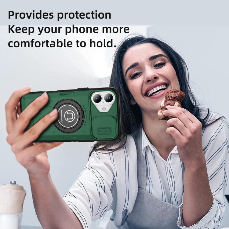 For iPhone 16 Sliding Camshield TPU Hybrid PC Magnetic Holder Phone Case(Dark Green) For iPhone 16 Sliding Camshield TPU Hybrid PC Magnetic Holder Phone Case(Dark Green)