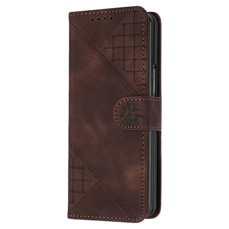 For Samsung Galaxy Z Fold4 YX0080 Grid Butterfly Embossed Pattern Flip Leather Phone Case with Lanyard(Coffee)