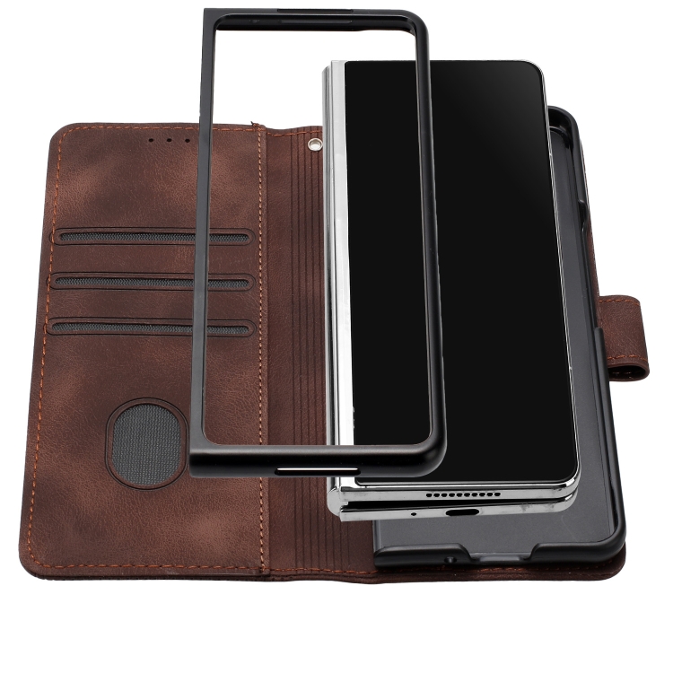 For Samsung Galaxy Z Fold4 YX0080 Grid Butterfly Embossed Pattern Flip Leather Phone Case with Lanyard(Coffee)